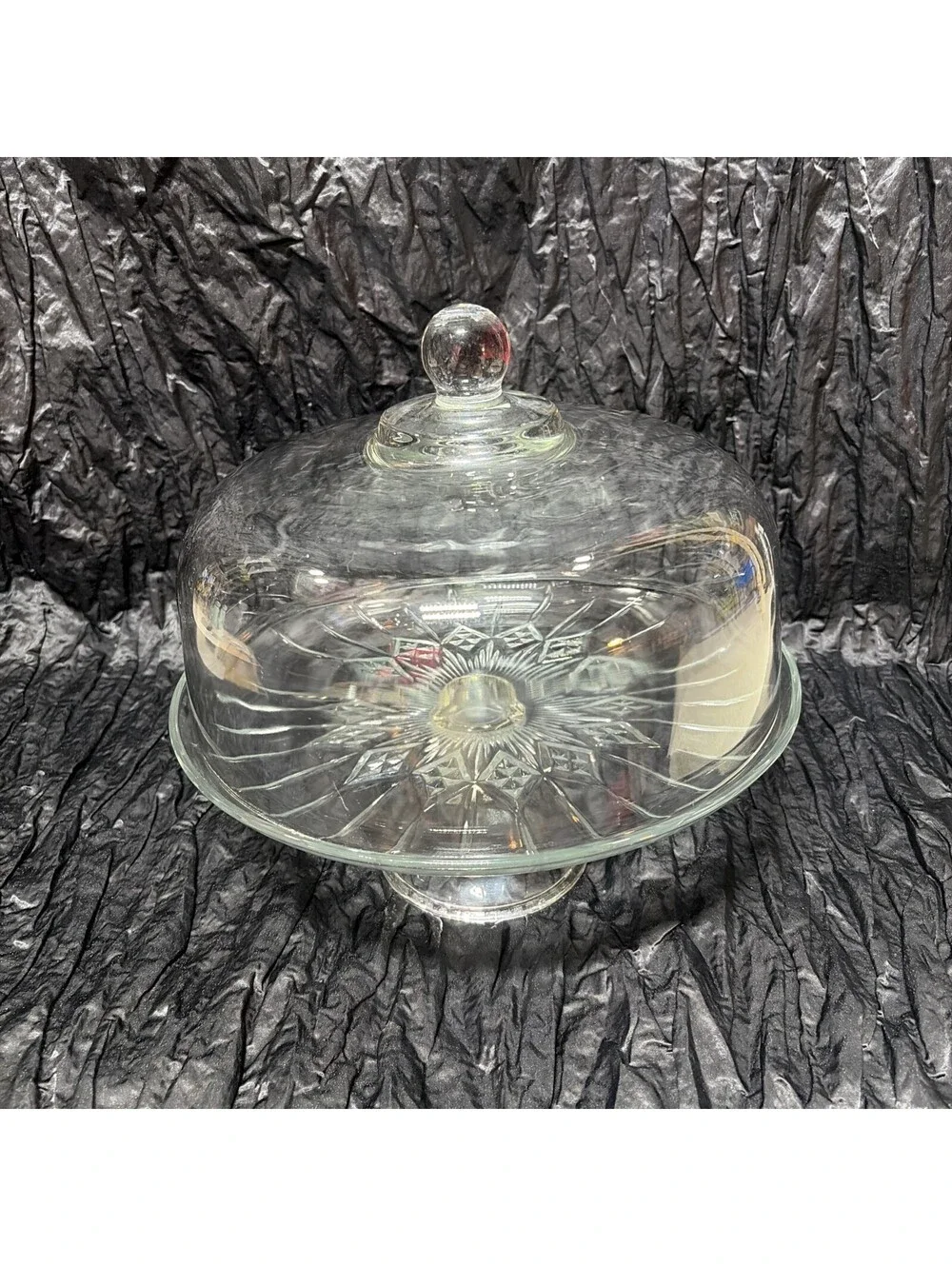 STARBURST PATTERN, CLEAR GLASS, PEDESTAL CAKE STAND WITH DOME LID 